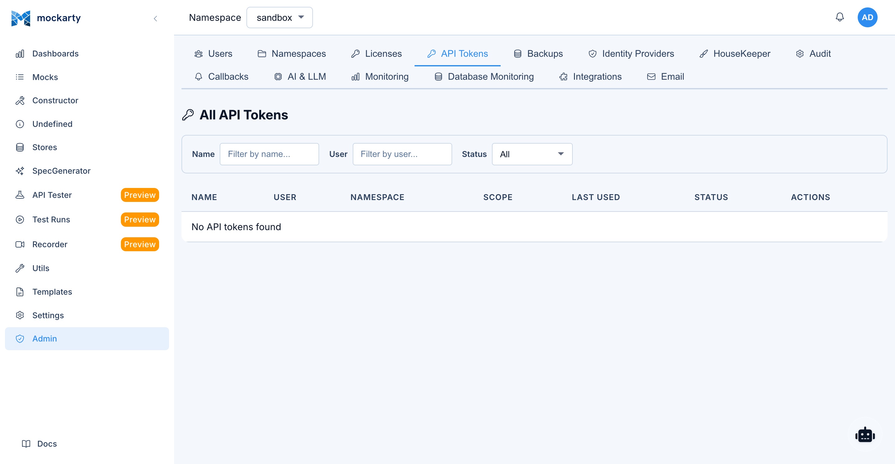 Admin — API tokens list
