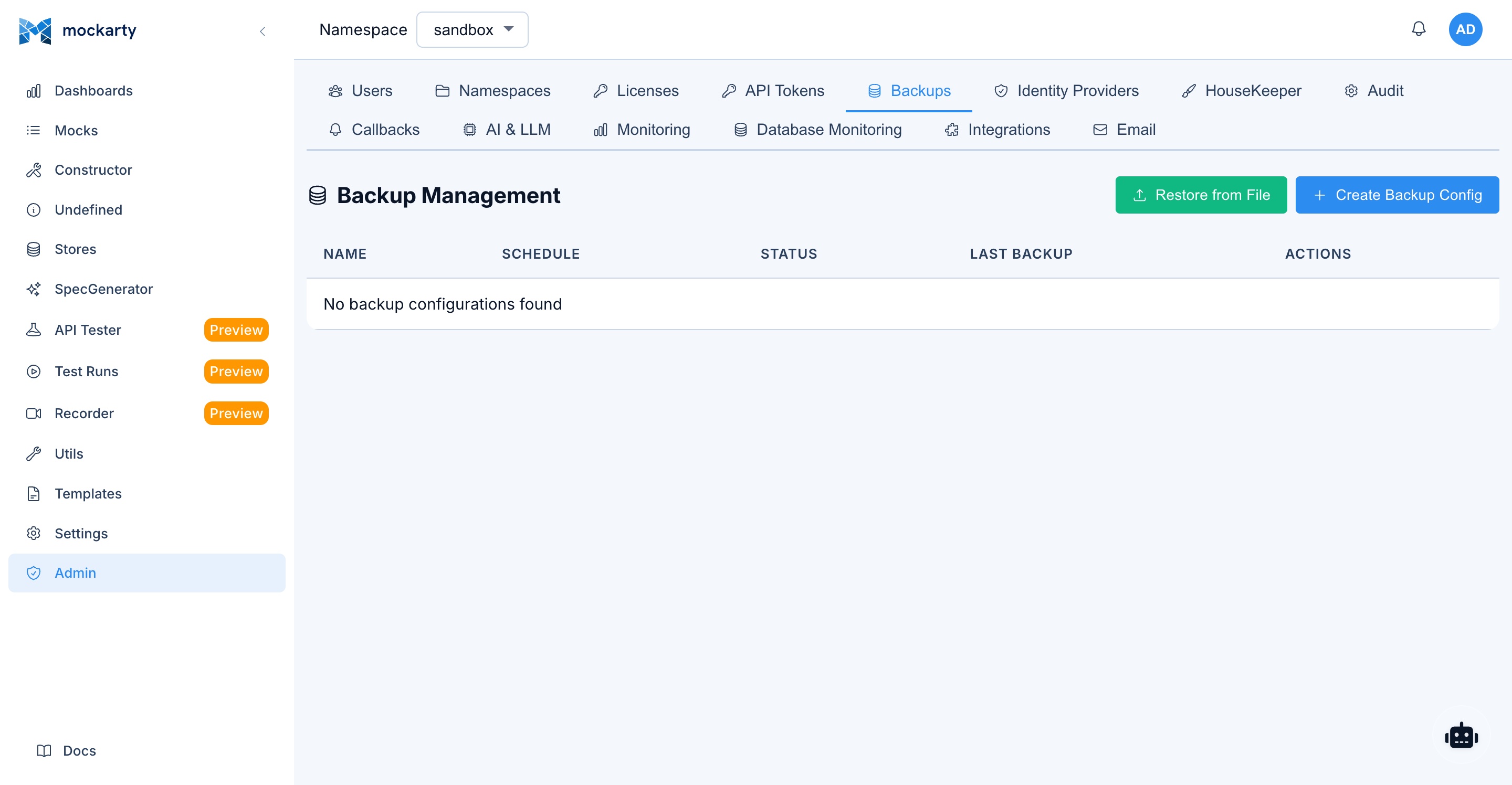 Admin panel — Backups