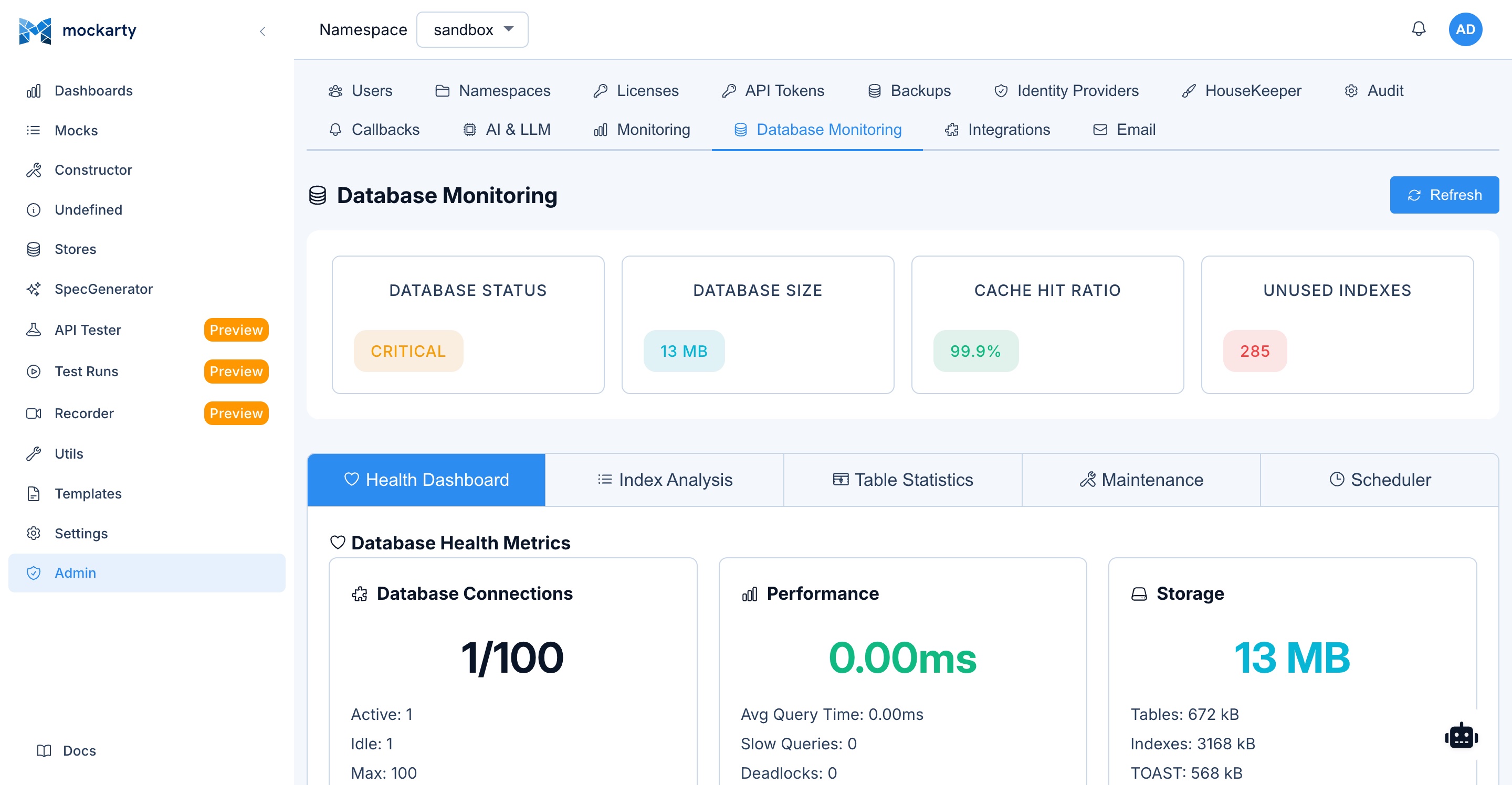 Admin panel — Database monitoring