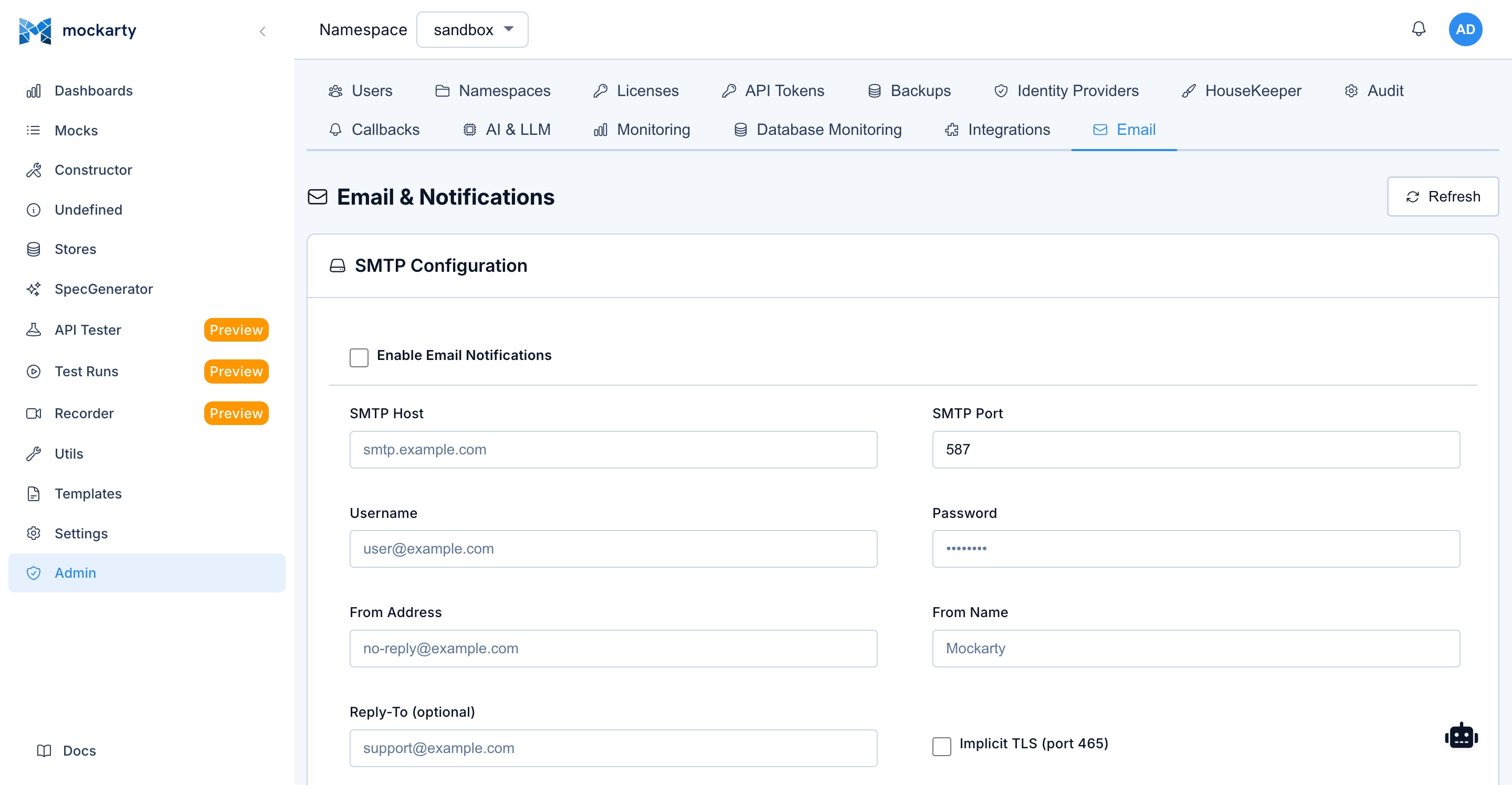 Admin panel — Email settings