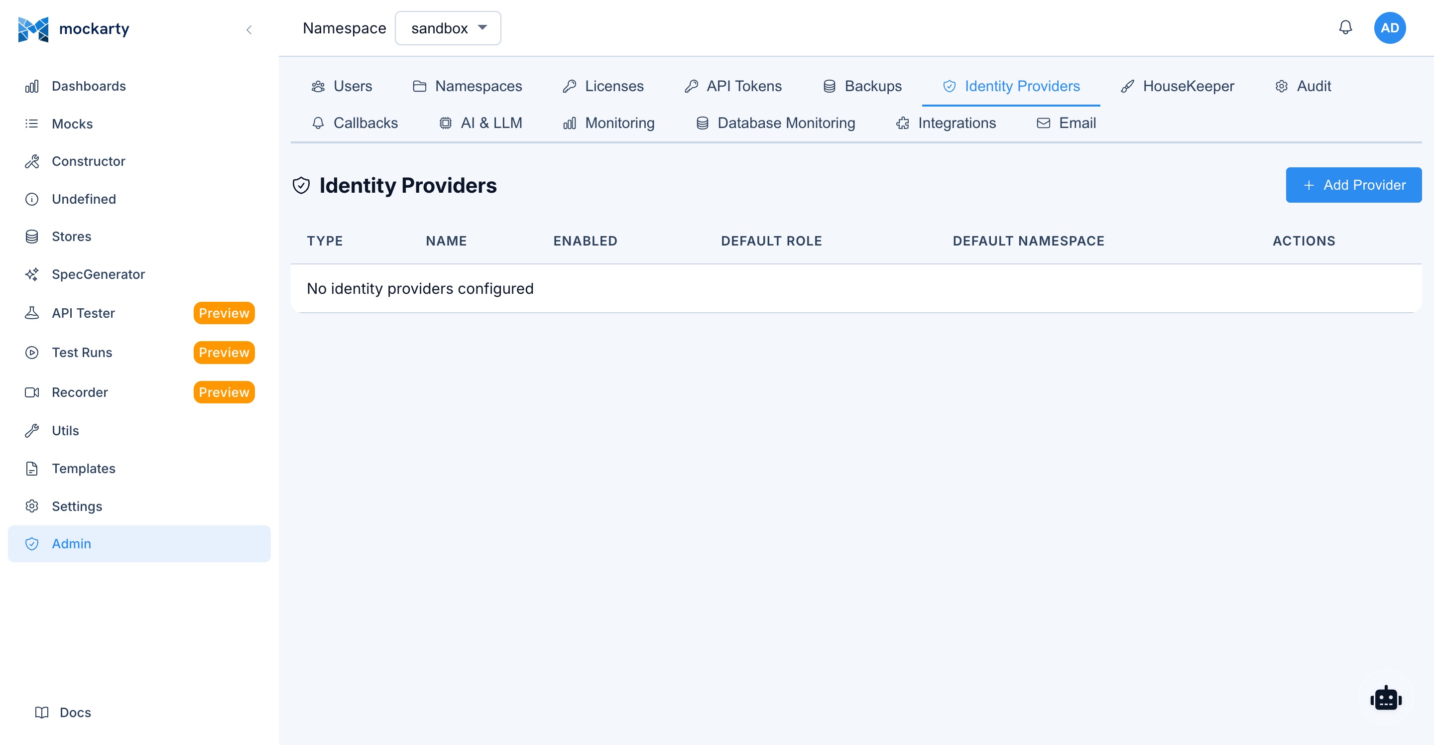 Admin panel — Identity Providers configuration