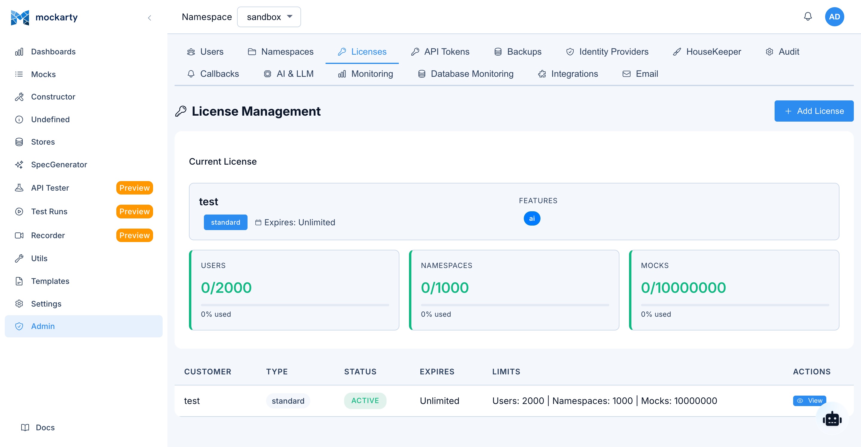 Admin panel — Licenses