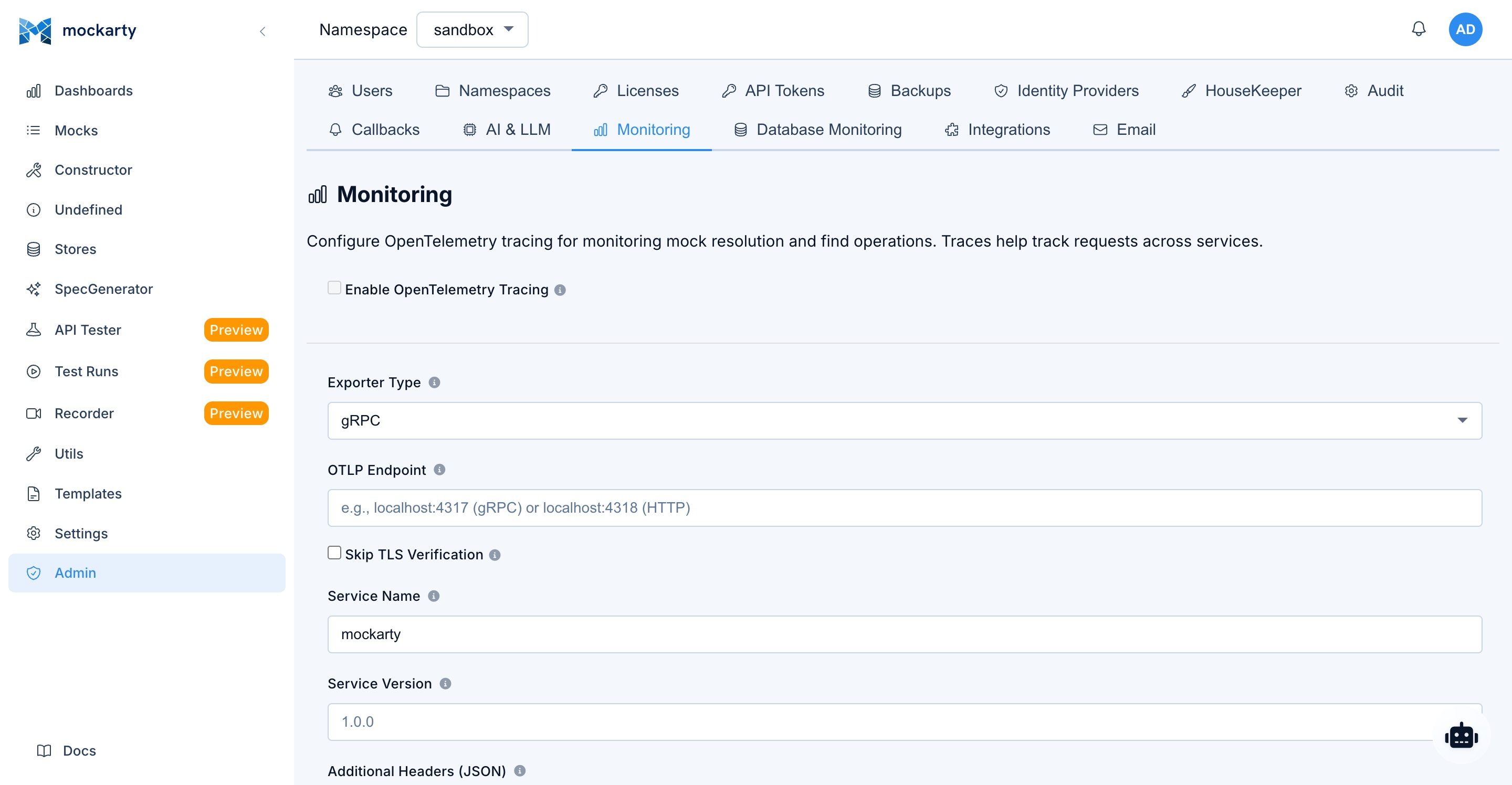 Admin panel — Monitoring