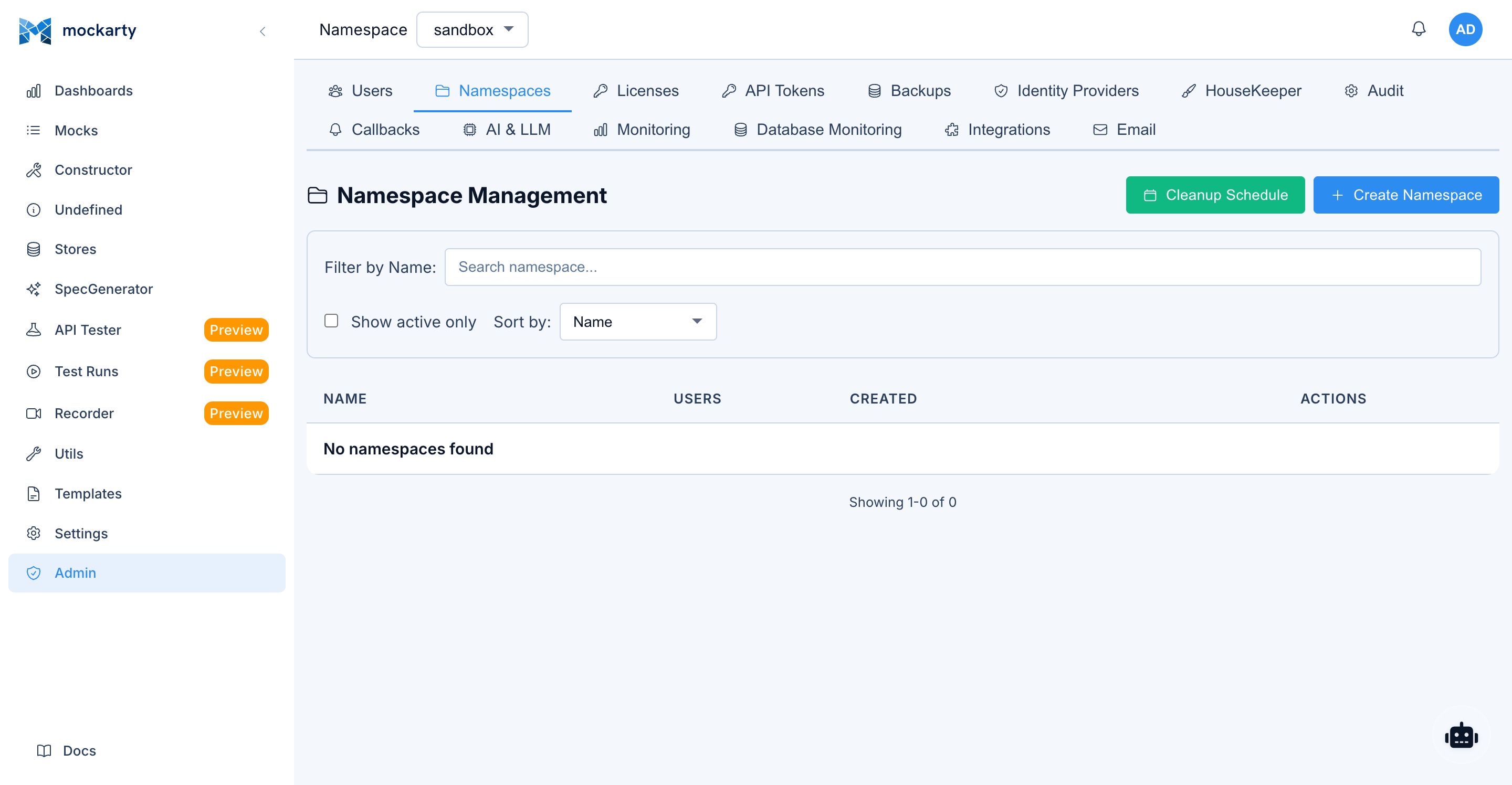 Admin — Namespace switcher
