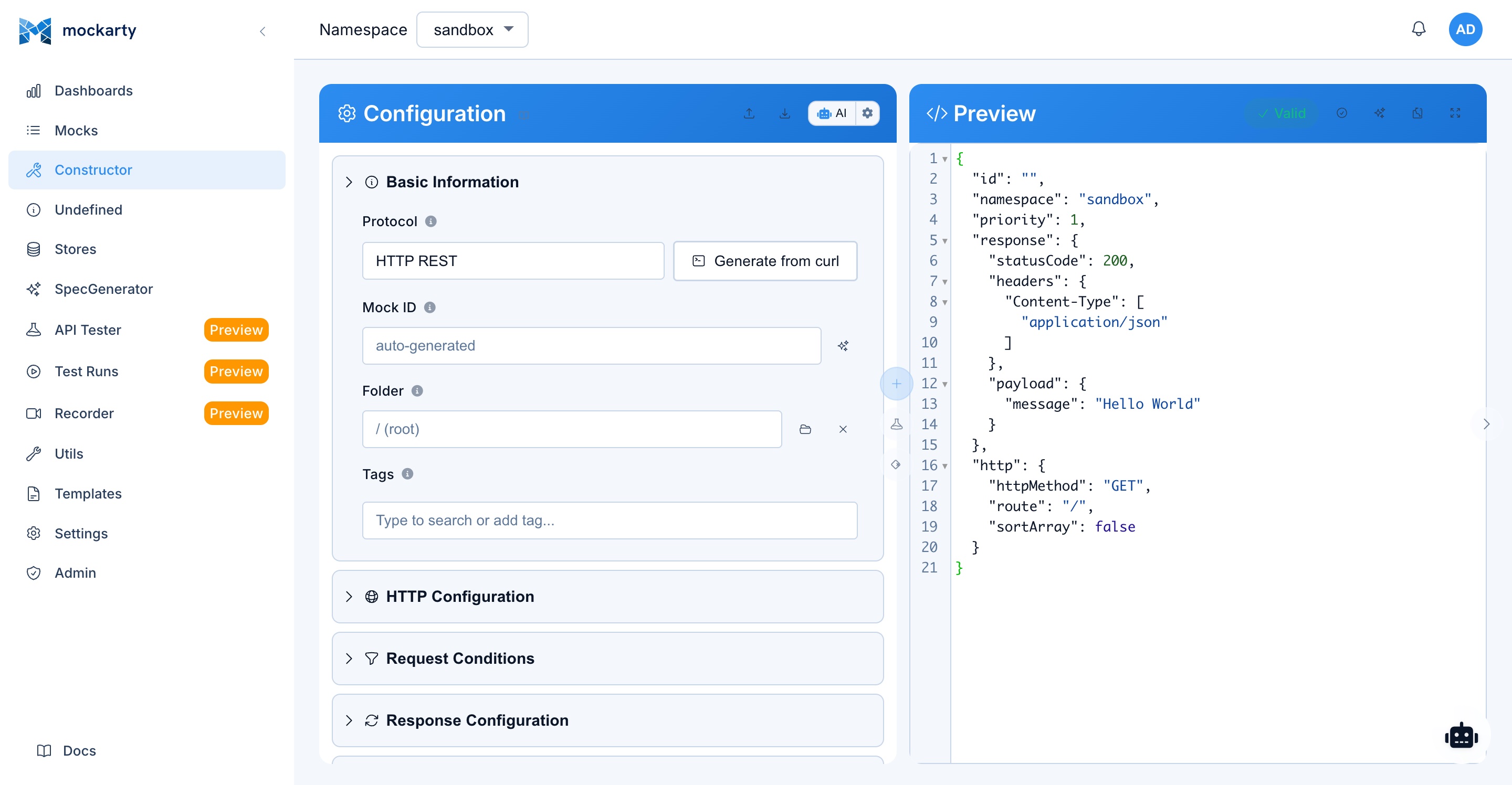 Constructor — HTTP mock configuration