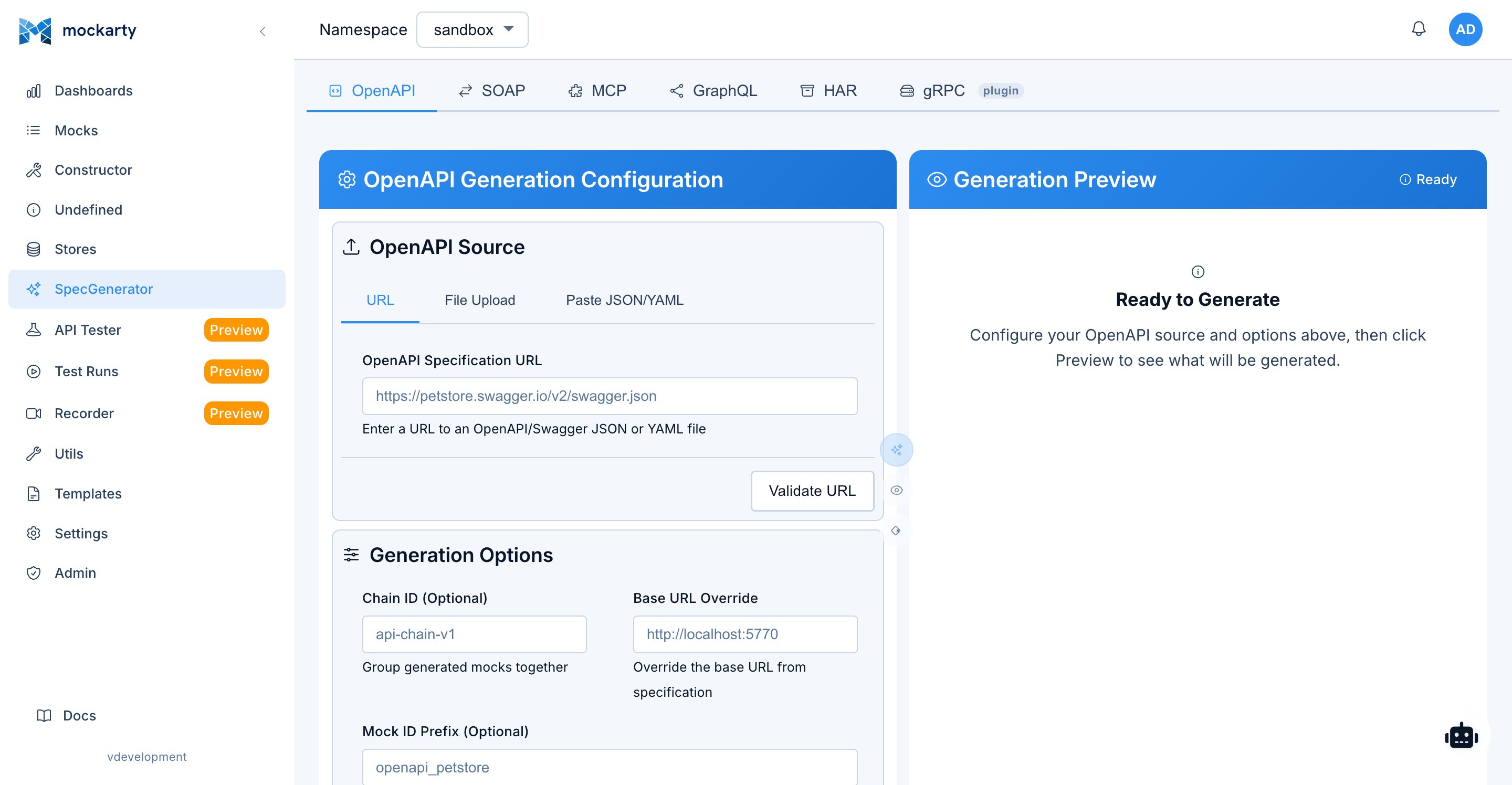 Generator page showing protocol selection and file upload