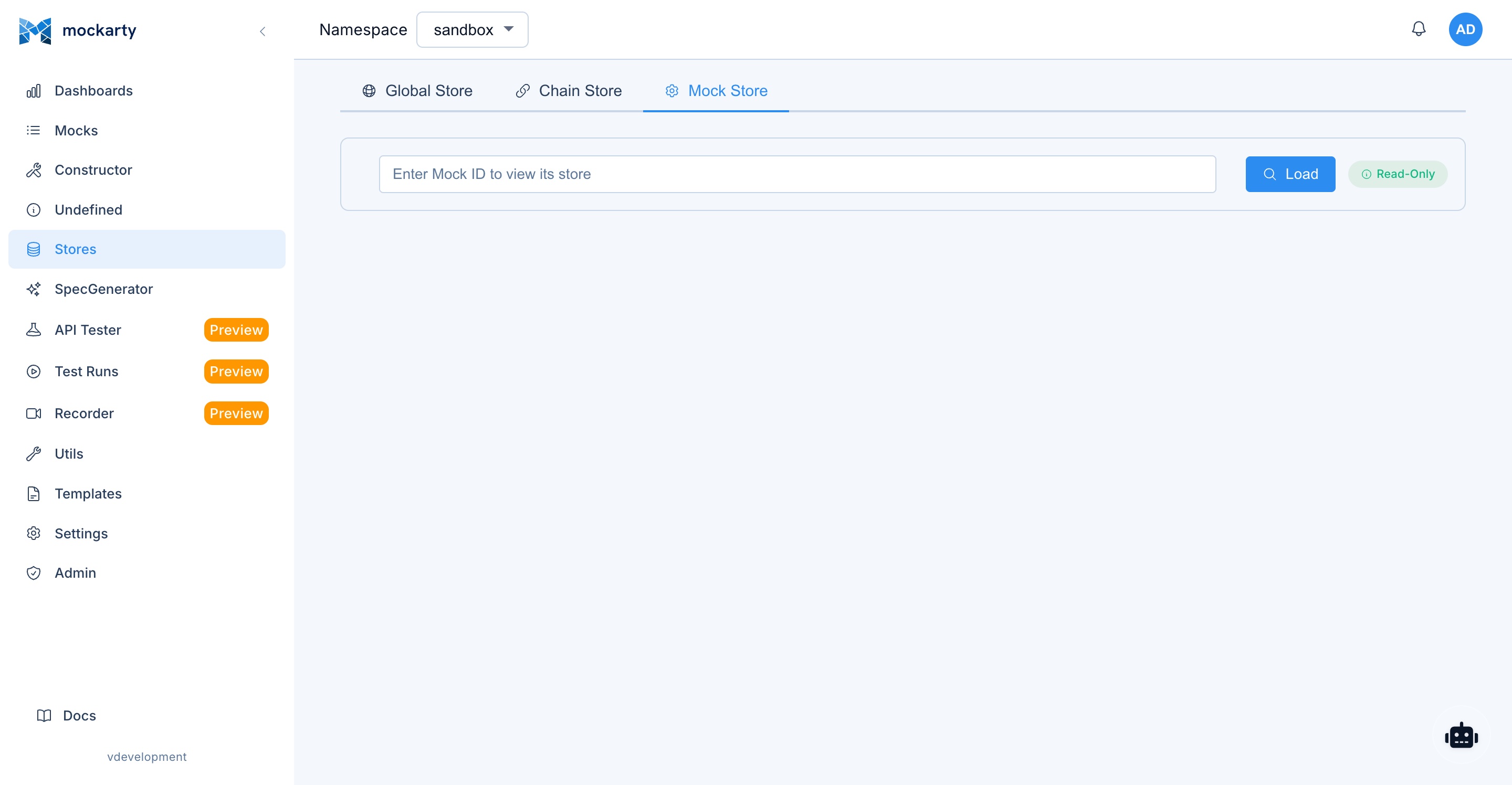 Mock Store tab &ndash; ephemeral per-request storage