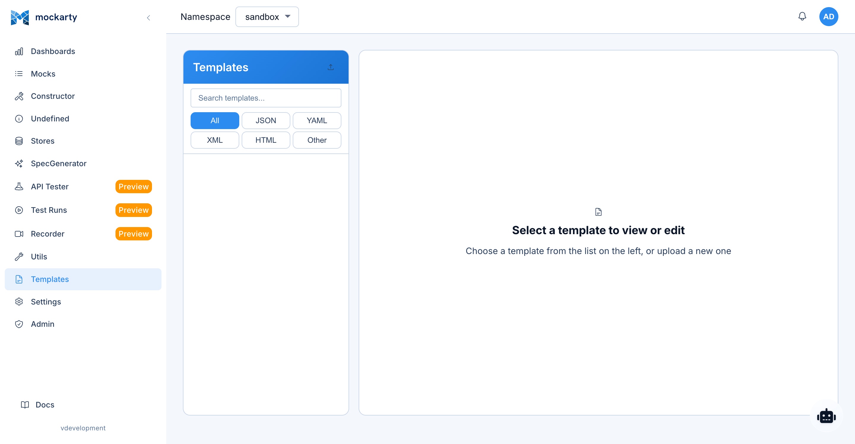 Templates page