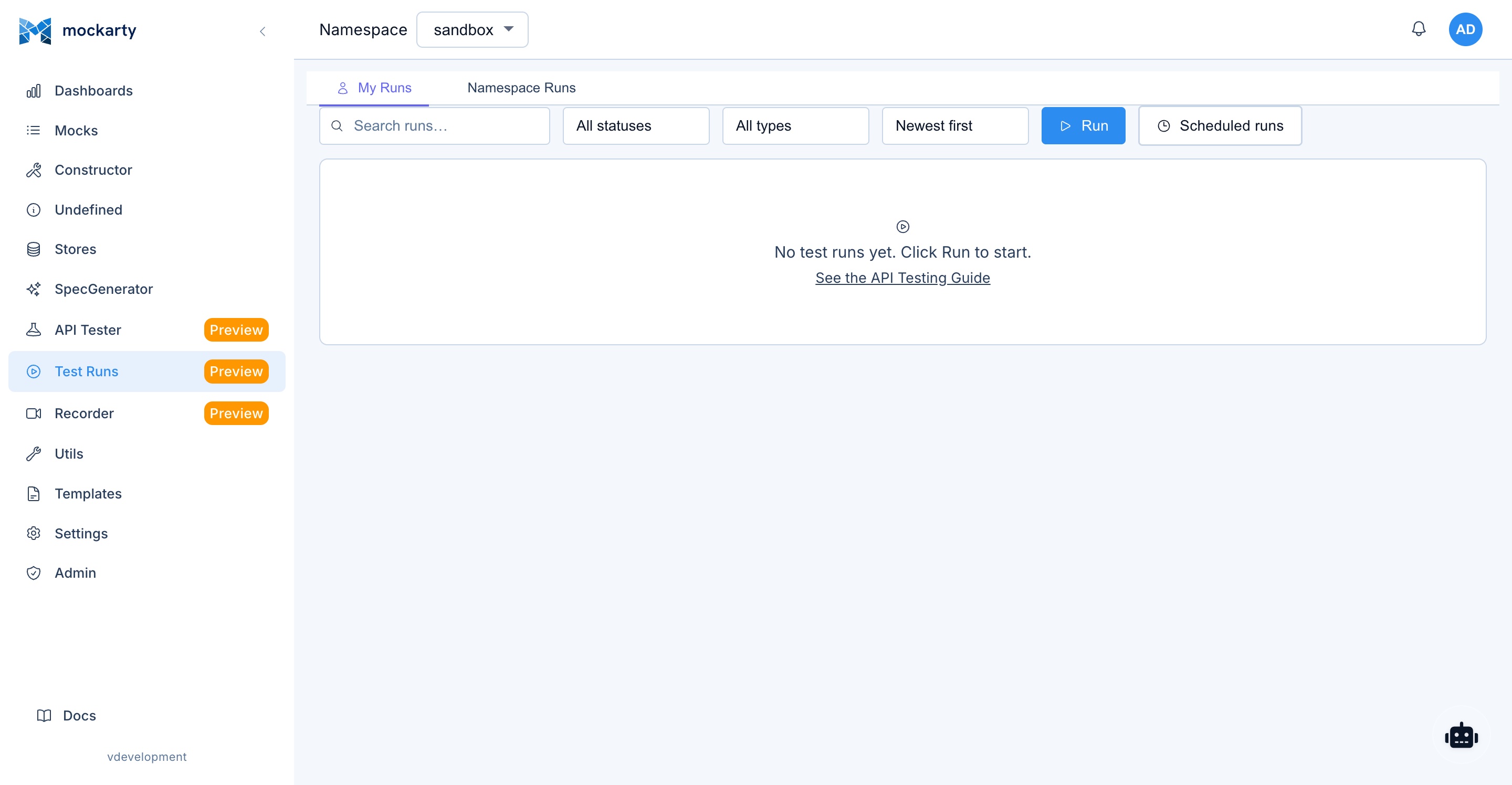 Performance testing page showing script list and recent test runs